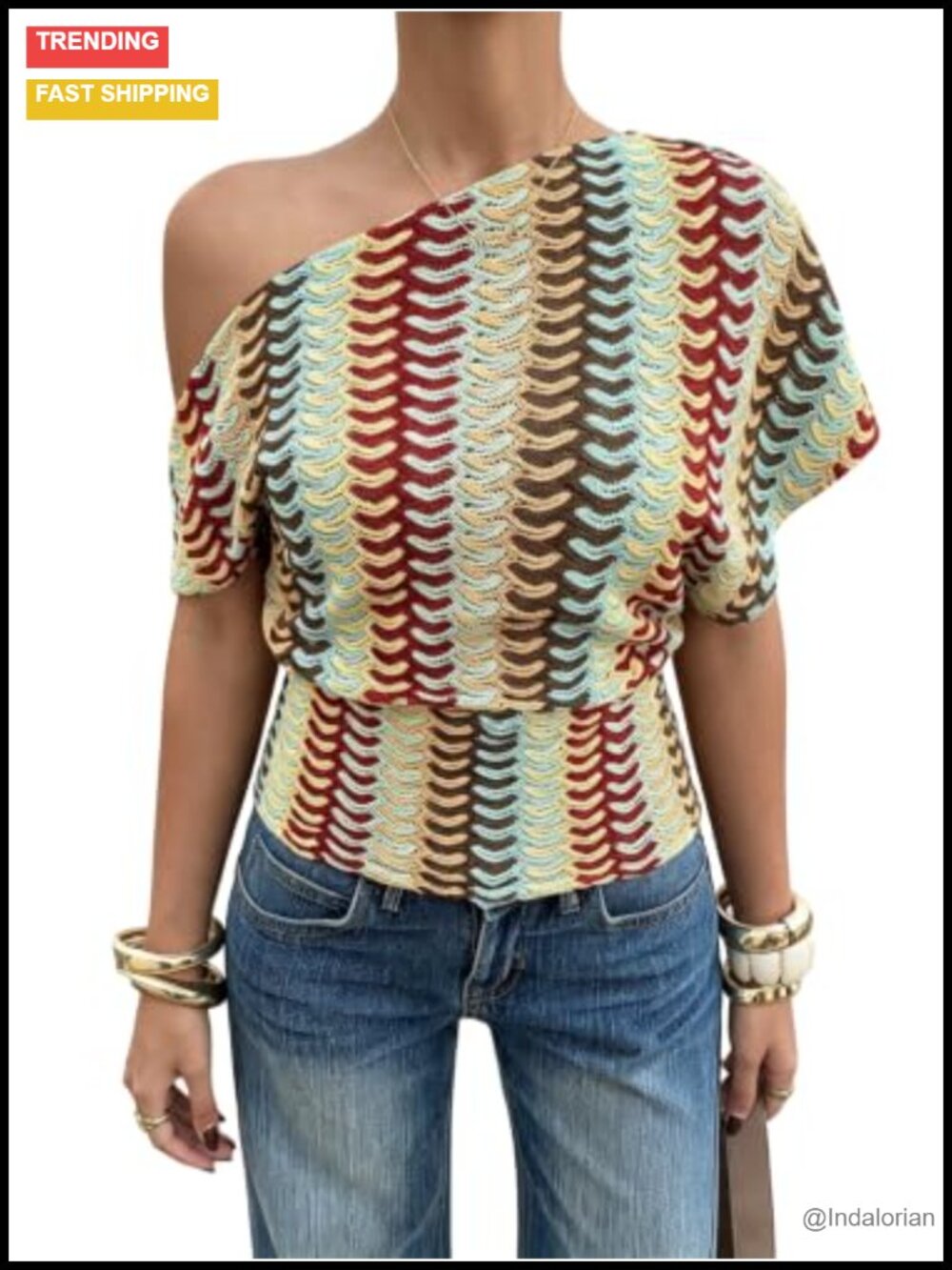 Plus Size Striped Off Shoulder Short Sleeve Knit Top Asymmetrical Hem